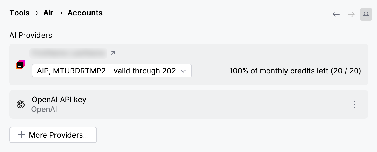 Accounts settings with the logged-in JetBrains account entry, an eligible personal JetBrains AI license selected, and the monthly credits left. Accounts settings with the logged-in JetBrains account entry, an eligible personal JetBrains AI license selected, and the monthly credits left.