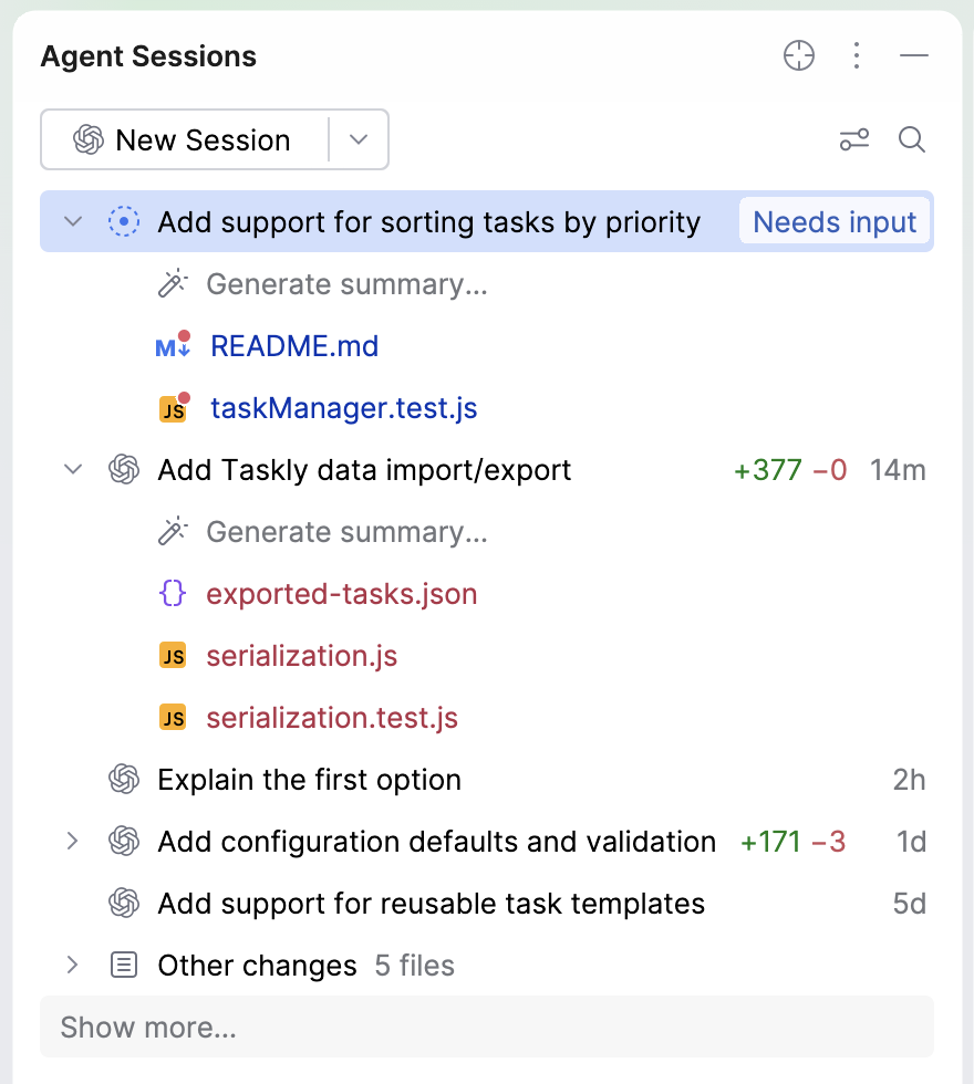Agent Sessions tool window with sessions of the current project, their changed files, and two attached projects.