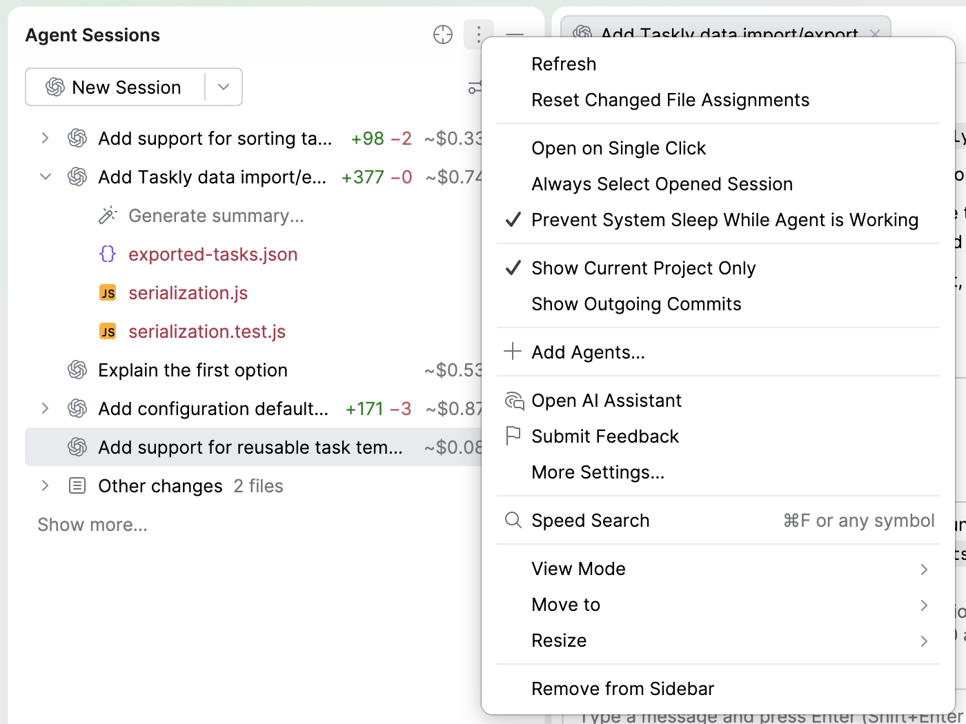 Options menu of the Agent Sessions tool window.