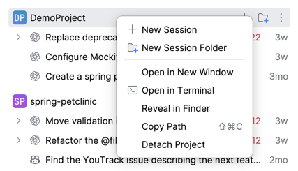 Context menu of an attached project node in the Agent Sessions tool window, with actions from New Session to Detach Project.