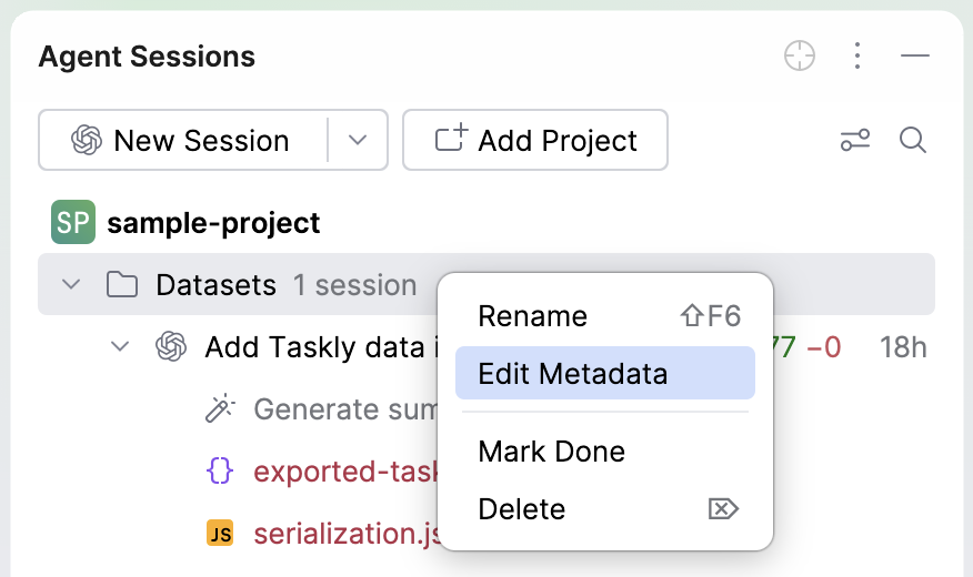 Right-click context menu of a session folder showing the Edit Metadata option highlighted above Mark Done and Delete.