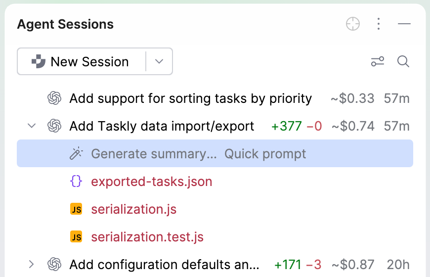 Expanded session in the Agent Sessions tool window with a Generate summary quick prompt listed above the three files that the agent changed. Expanded session in the Agent Sessions tool window with a Generate summary quick prompt listed above the three files that the agent changed.