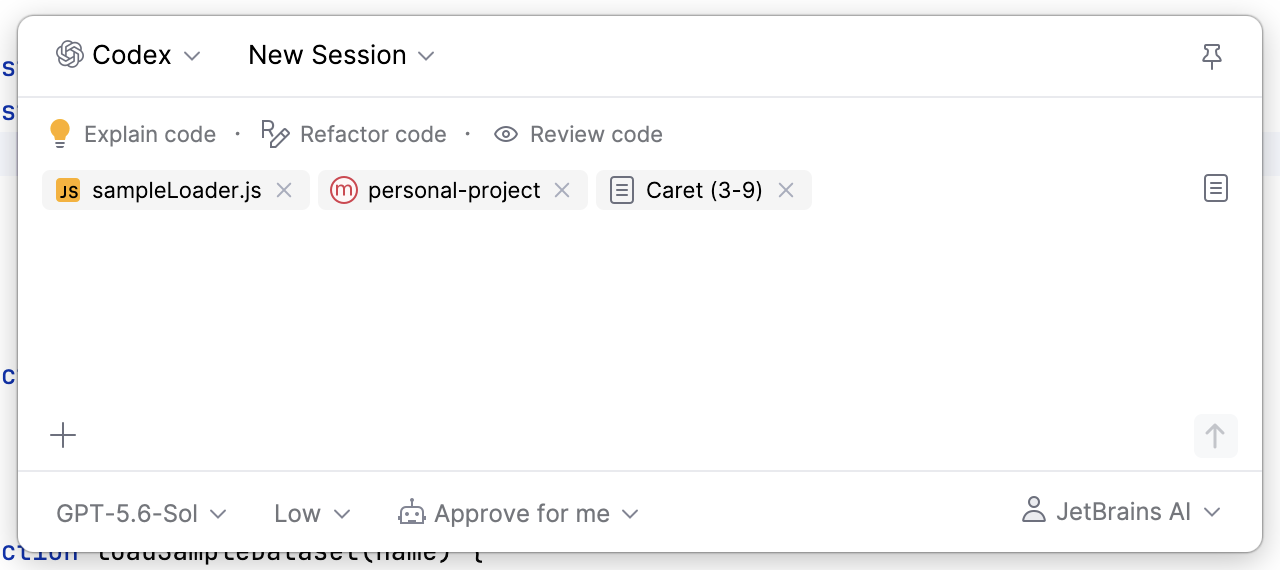 Global prompt with the preset list, quick action suggestions, attached code context, and a text field for the request. Global prompt with the preset list, quick action suggestions, attached code context, and a text field for the request.