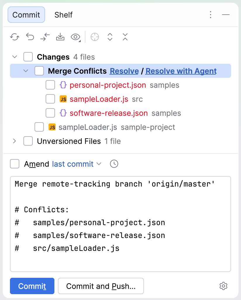 The Commit tool window showing a Merge Conflicts group with Resolve and Resolve with Agent links next to the conflicting files. The Commit tool window showing a Merge Conflicts group with Resolve and Resolve with Agent links next to the conflicting files.