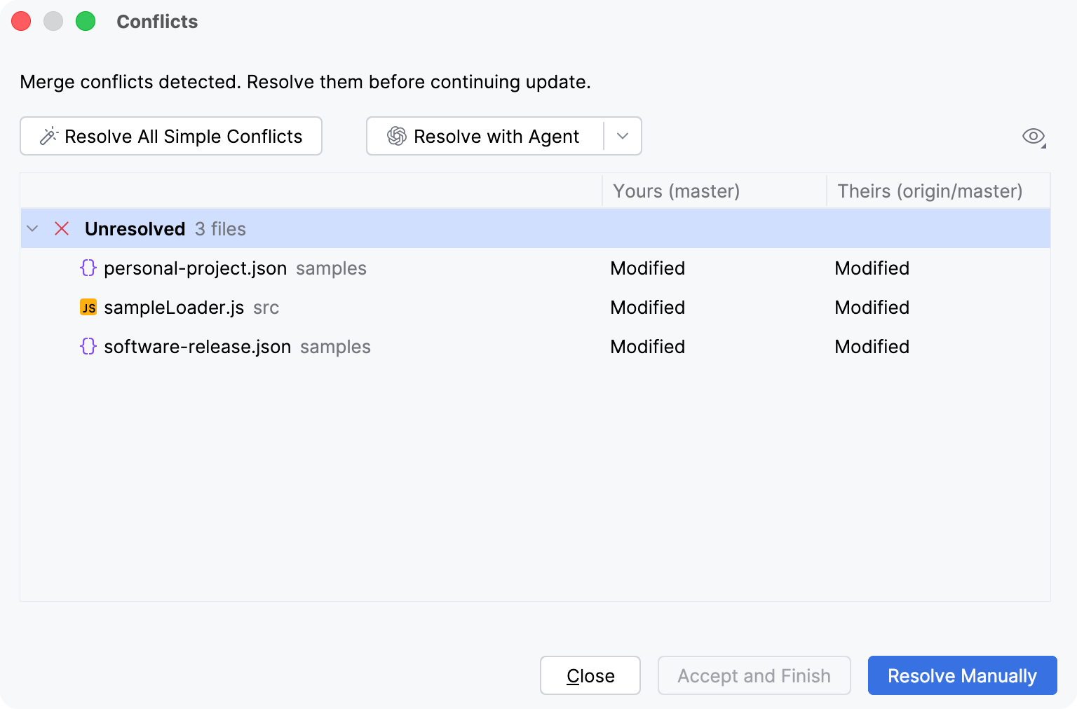 The Conflicts dialog listing three unresolved files with a Resolve with Agent button next to Resolve All Simple Conflicts. The Conflicts dialog listing three unresolved files with a Resolve with Agent button next to Resolve All Simple Conflicts.
