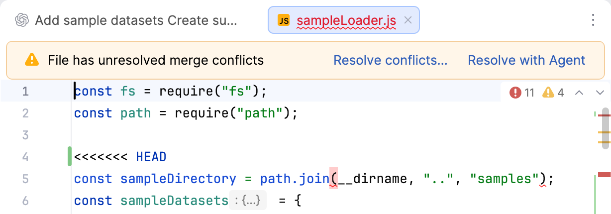 An editor banner reading File has unresolved merge conflicts with Resolve conflicts and Resolve with Agent links for the open file. An editor banner reading File has unresolved merge conflicts with Resolve conflicts and Resolve with Agent links for the open file.