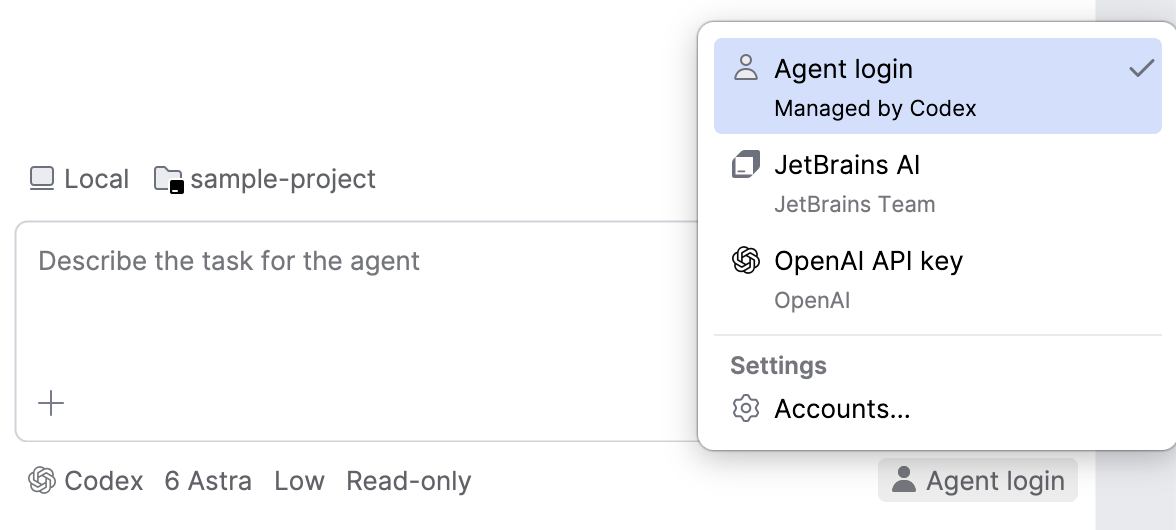 Session prompt area with the authorization list open and Agent login selected, showing that the agent manages its own login. Session prompt area with the authorization list open and Agent login selected, showing that the agent manages its own login.