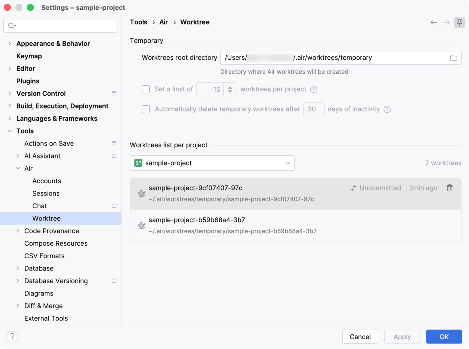 Tools | Air | Worktree settings with the worktrees root directory, the limit and cleanup options, and two worktrees listed for the selected project. Tools | Air | Worktree settings with the worktrees root directory, the limit and cleanup options, and two worktrees listed for the selected project.