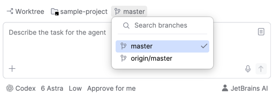 Toolbar in Temporary Worktree mode with the branch list open next to the project, listing local and remote branches to base the worktree on. Toolbar in Temporary Worktree mode with the branch list open next to the project, listing local and remote branches to base the worktree on.