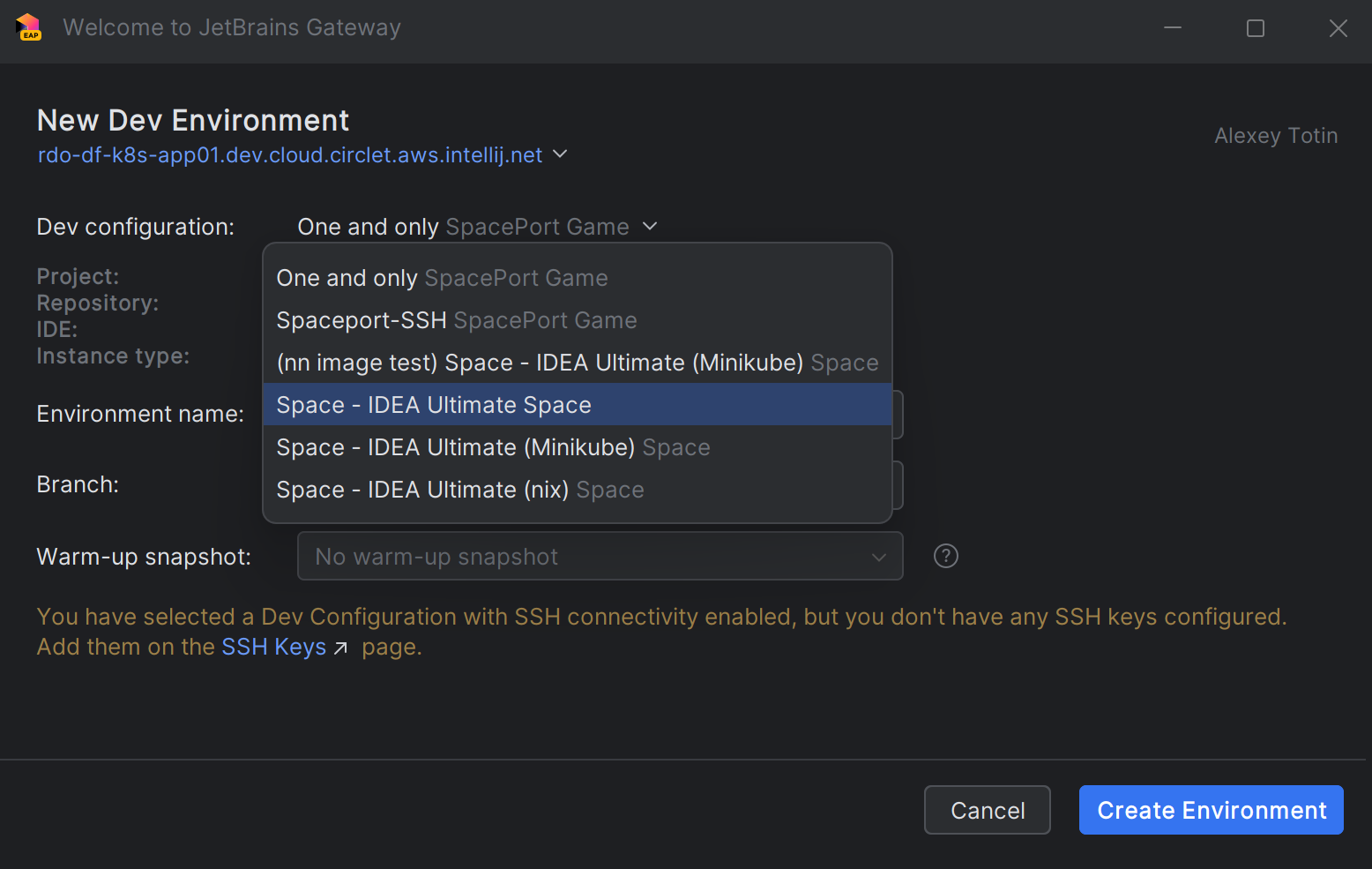 Selecting a template in Gateway