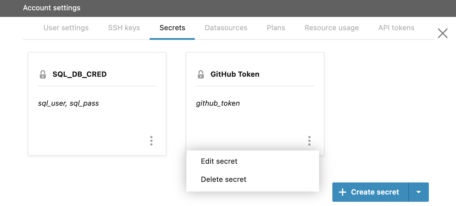 Secrets in Account settings