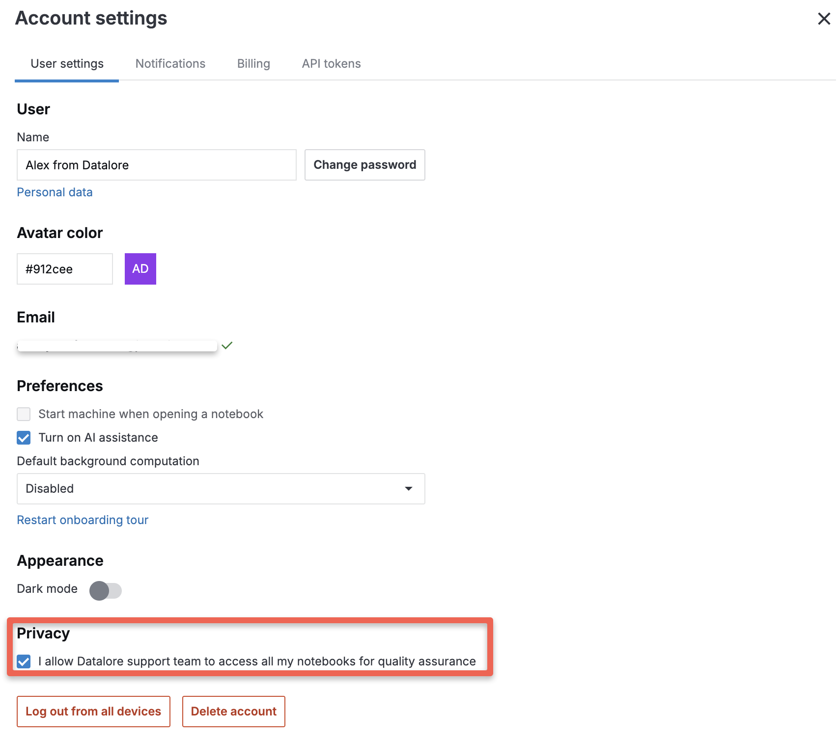 Enabling or disabling content access consent for Datalore support team