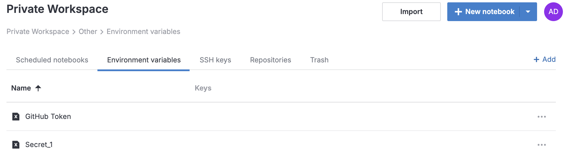 Environment variables menu Environment variables menu