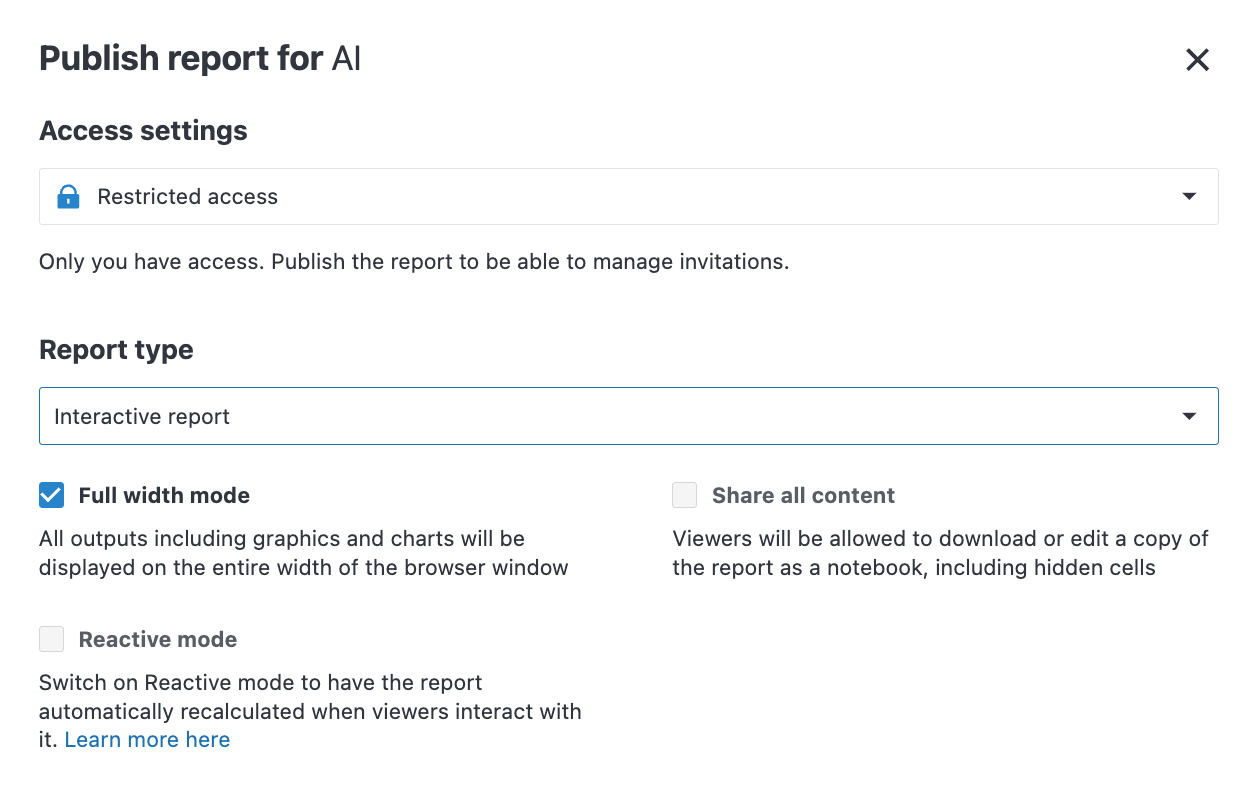 Publish report dialog Publish report dialog