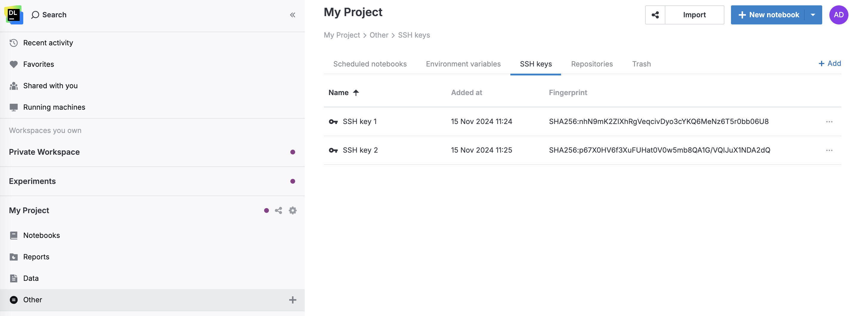 SSH keys tab SSH keys tab