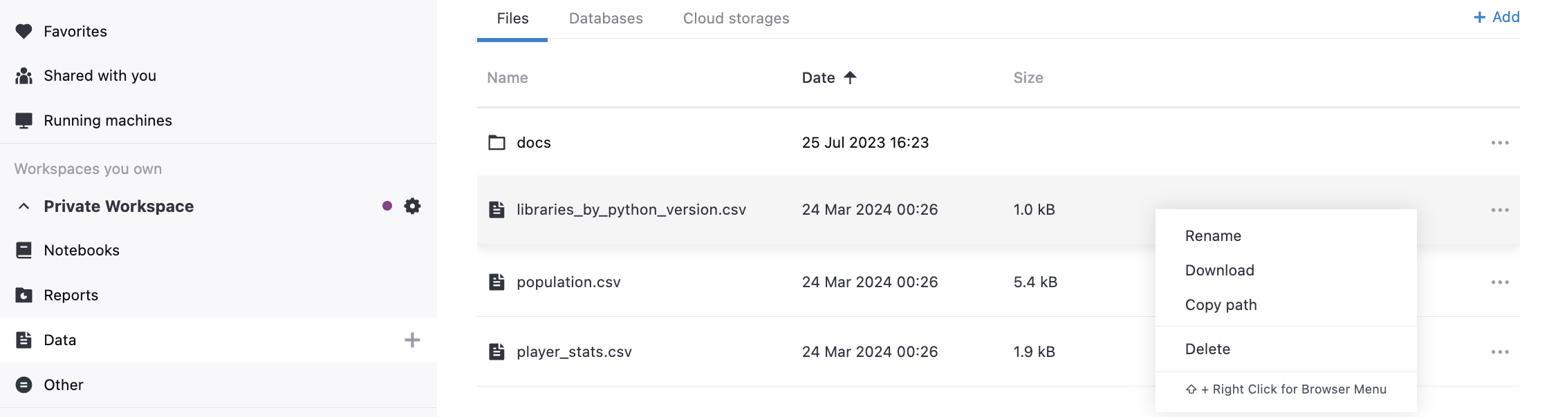 Workspace files menu Workspace files menu