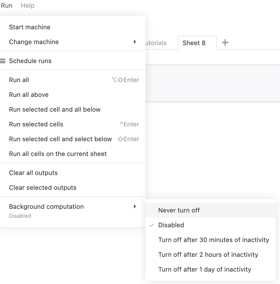 Background computation, Run menu Background computation, Run menu