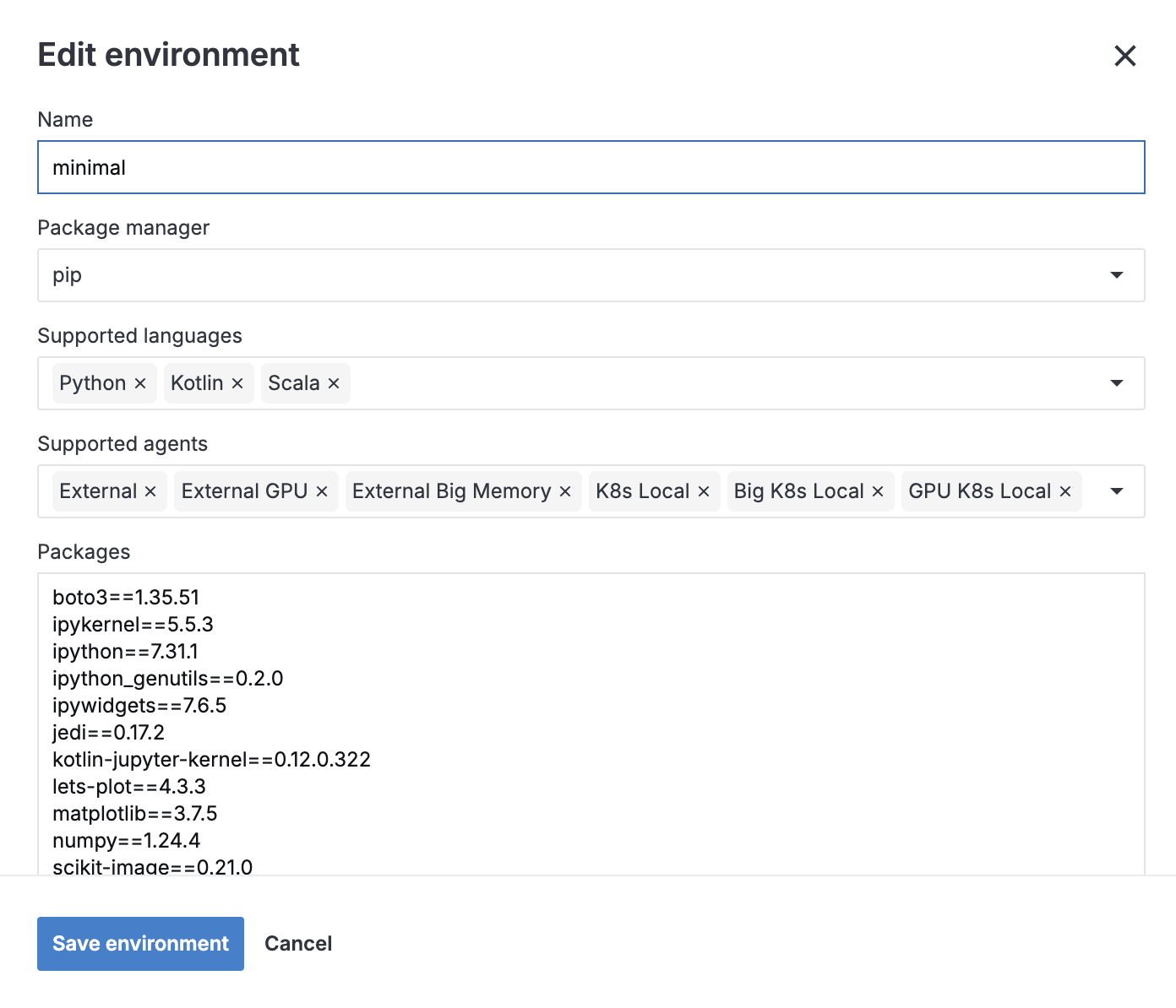 Edit environment dialog Edit environment dialog