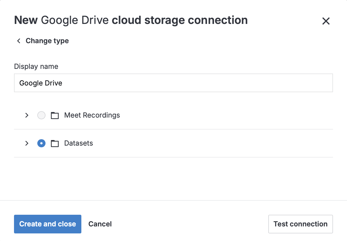 New Google Drive cloud storage connection dialog