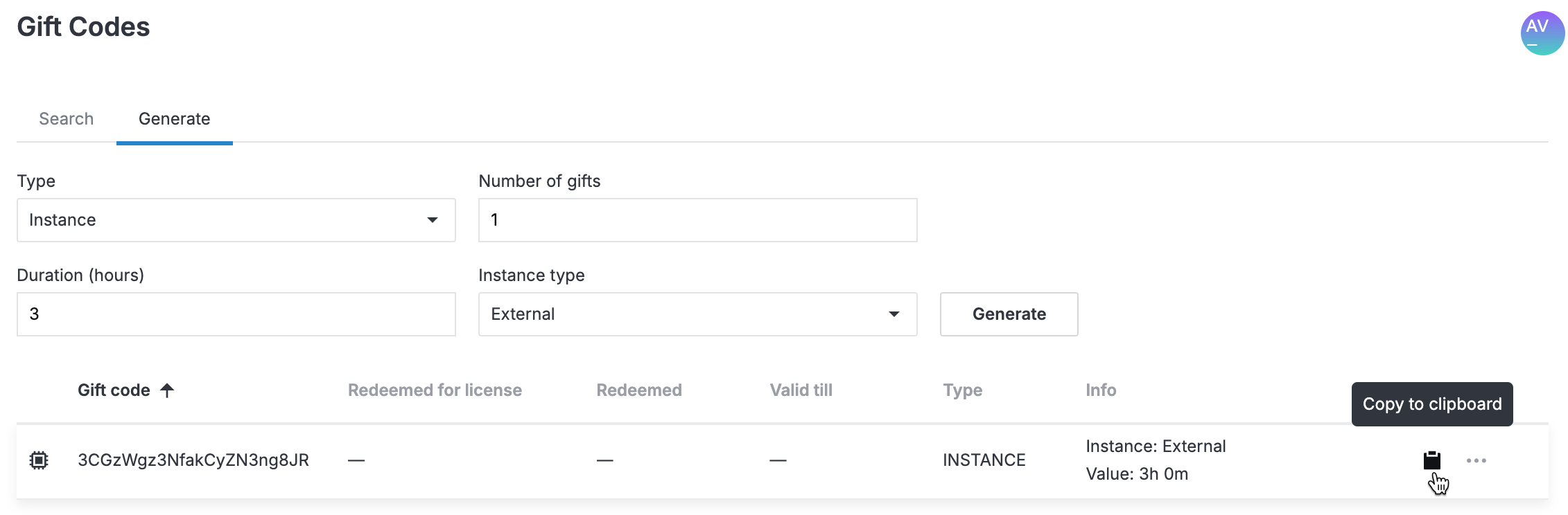 Generating five instance gift codes