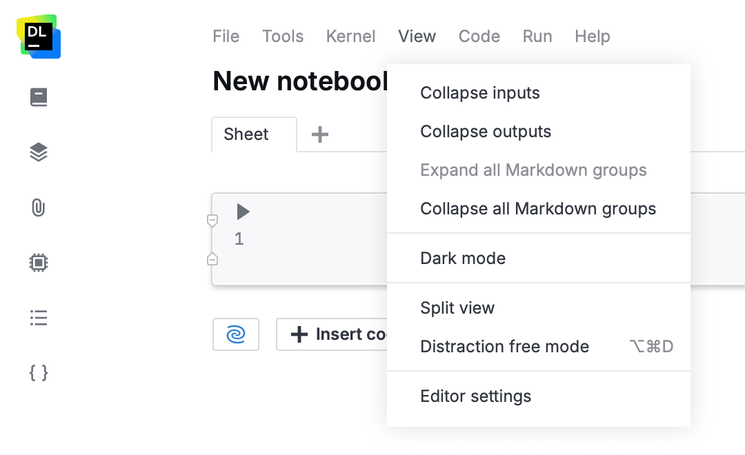 View menu opened in a notebook View menu opened in a notebook