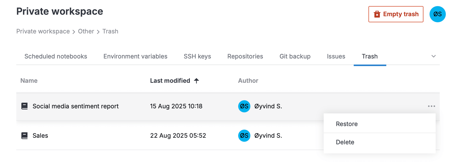 Managing trashed items Managing trashed items