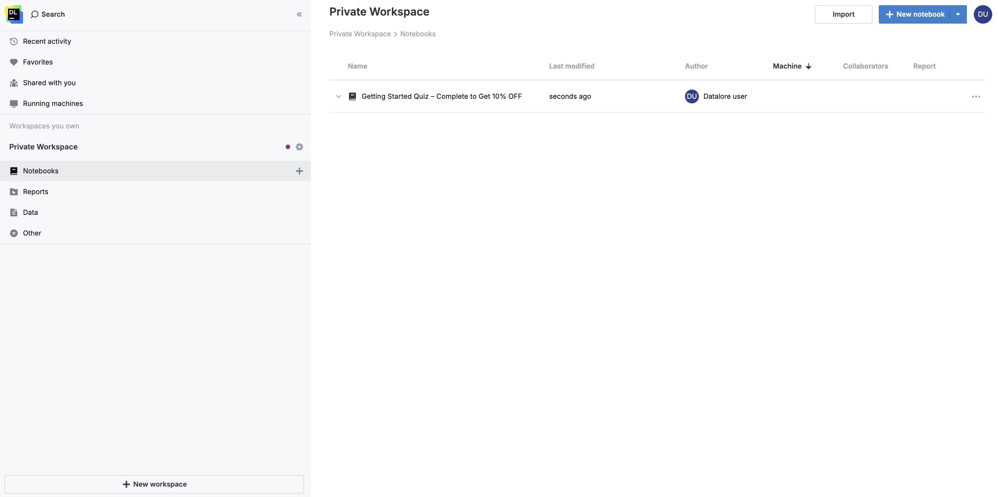 Private workspace, Notebooks menu Private workspace, Notebooks menu