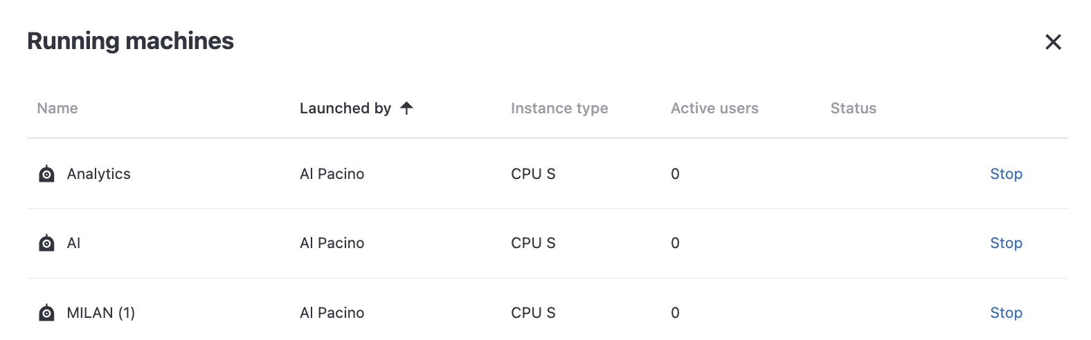 Running machines menu Running machines menu