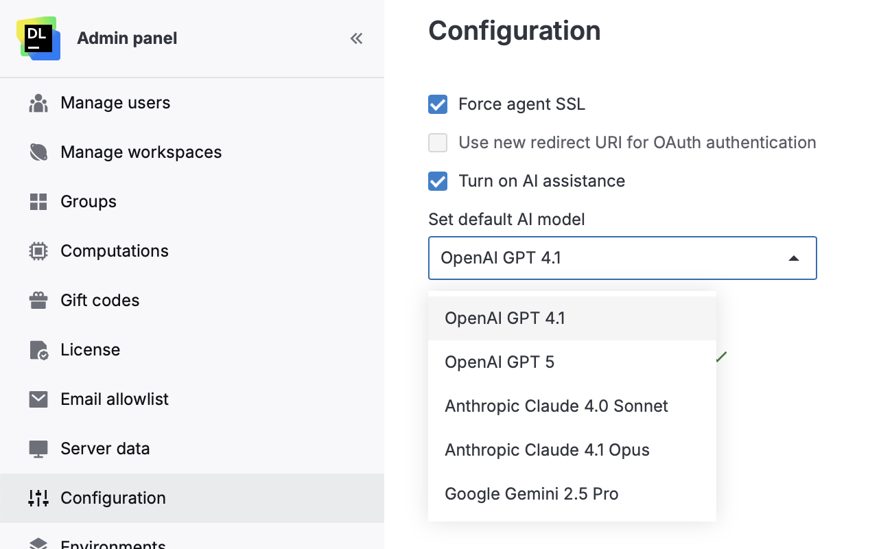 Select model dropdown in the Admin panel