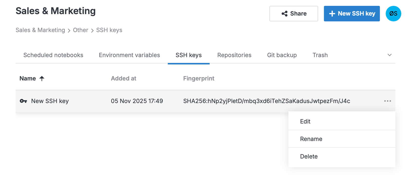 'SSH keys' tab with an action menu open 'SSH keys' tab with an action menu open