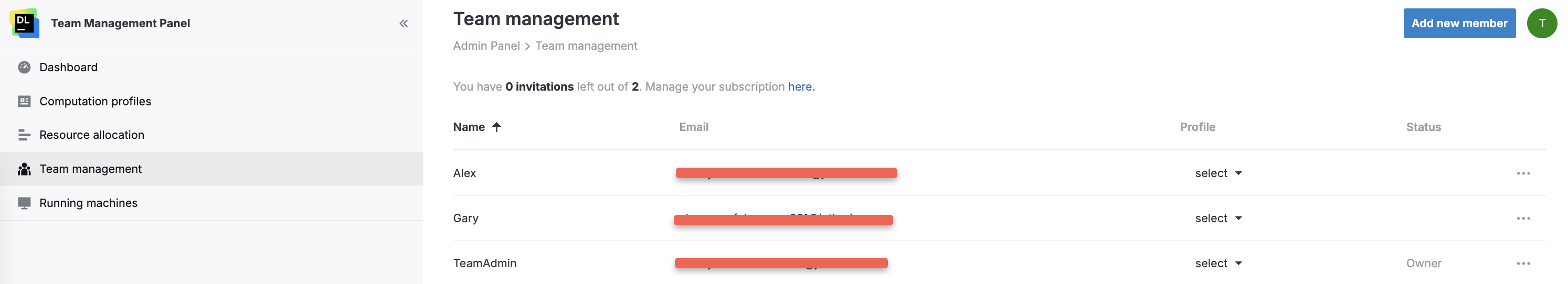 Team management tab Team management tab