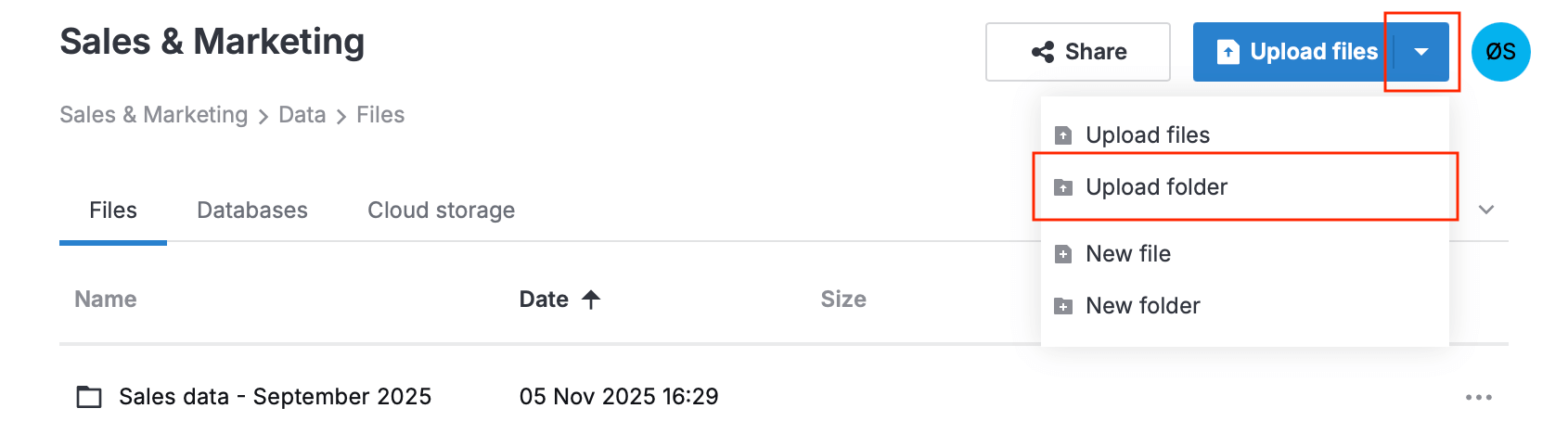 The 'Files' tab with the options dropdown open. The options include Upload folder The 'Files' tab with the options dropdown open. The options include Upload folder