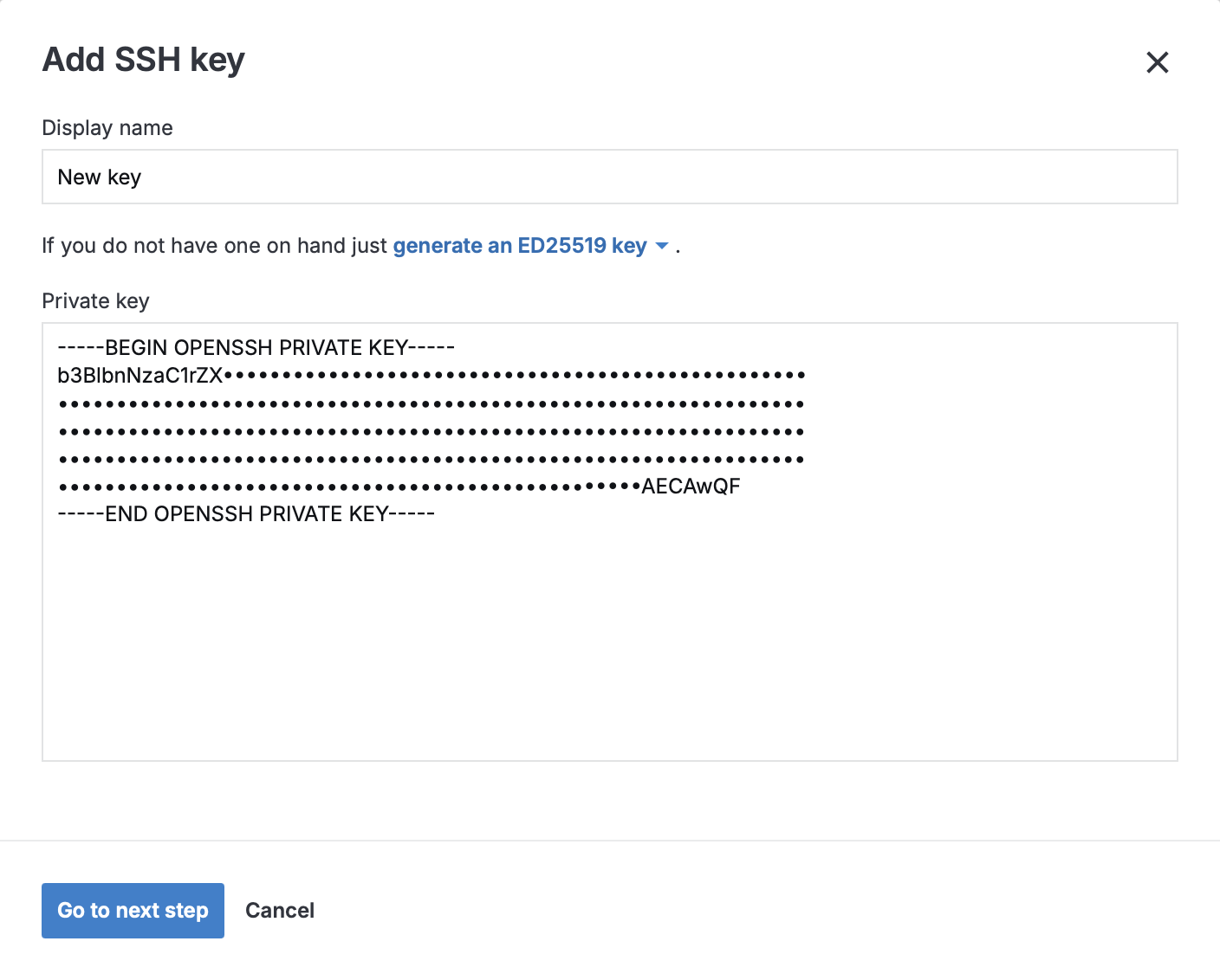Add SSH key dialog with a private key pasted in the Private key field