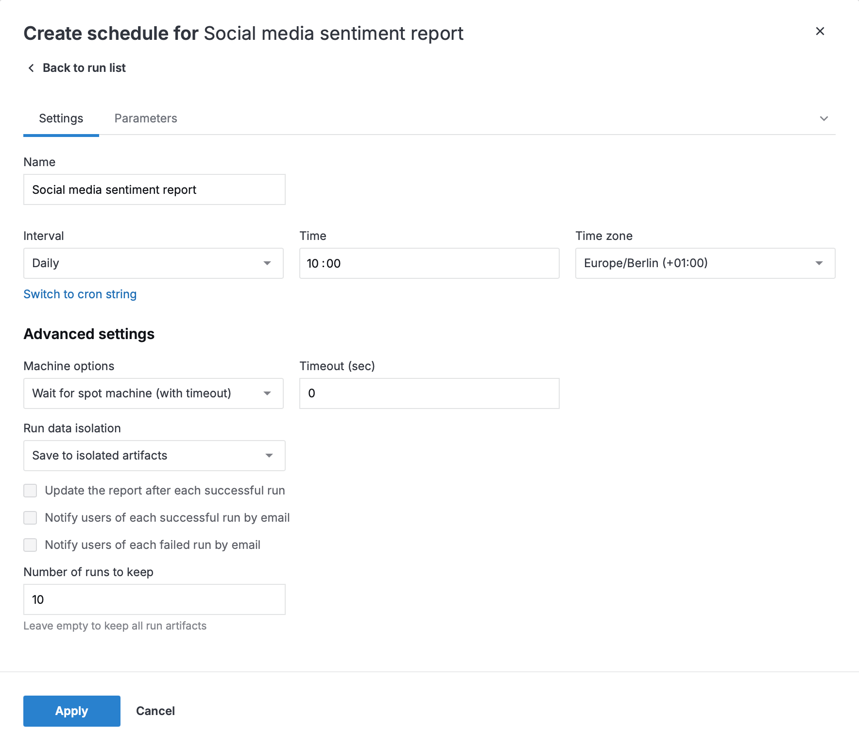 Setting up a schedule