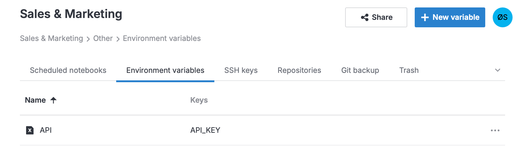 'Environment variables' tab