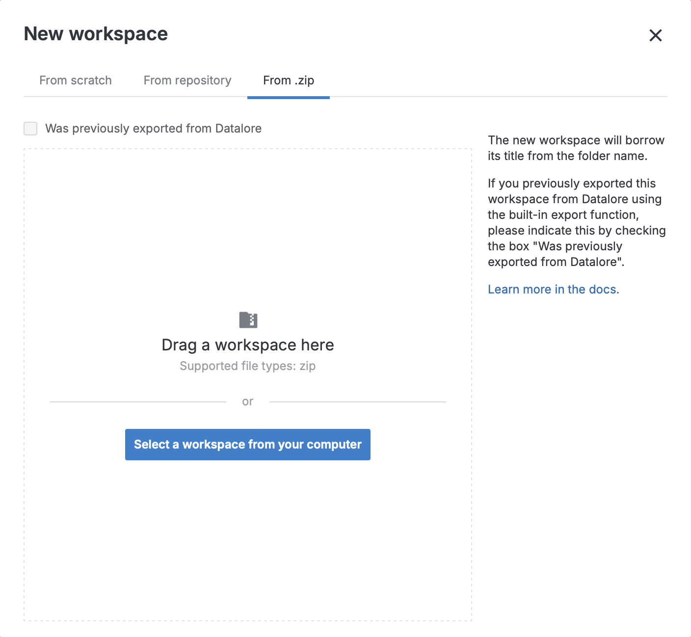New workspace dialog in Datalore