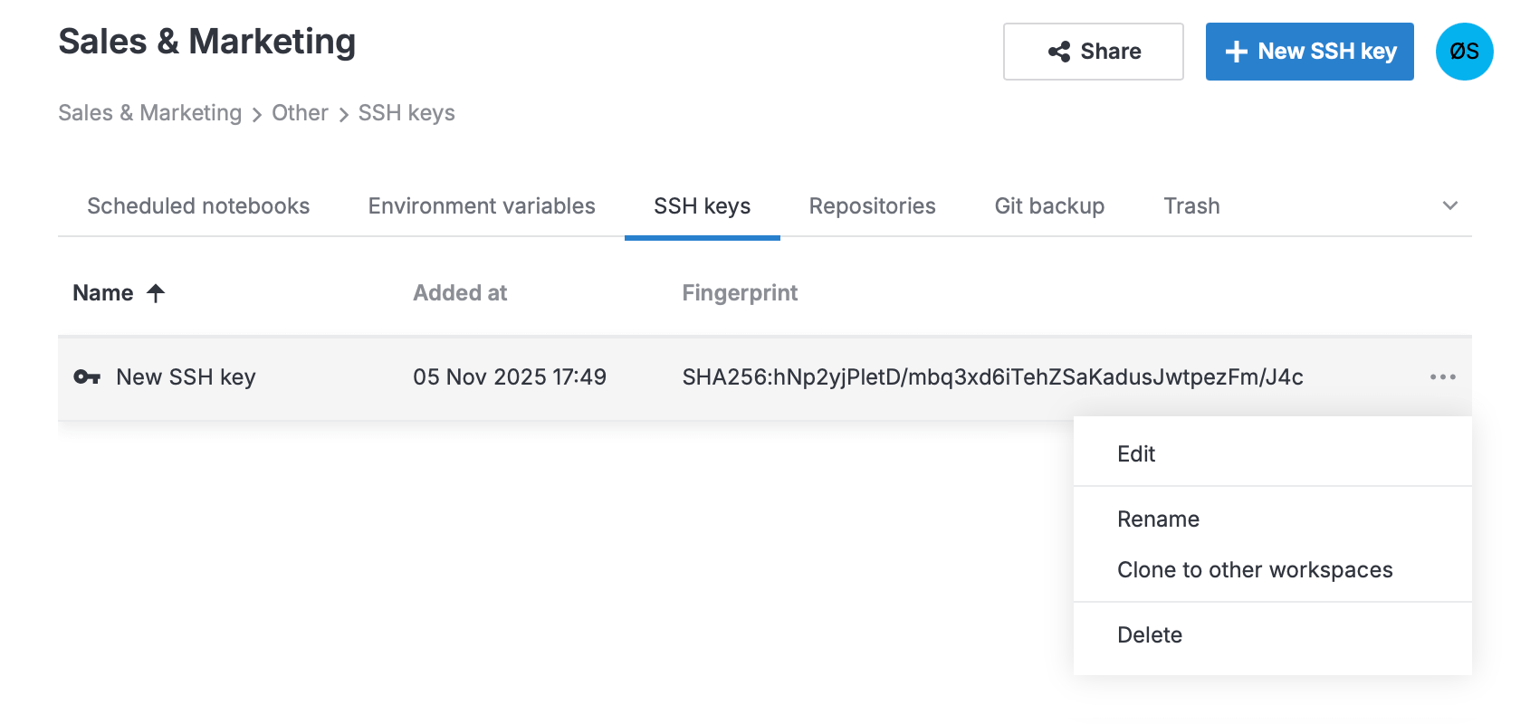 'SSH keys' tab with an action menu open