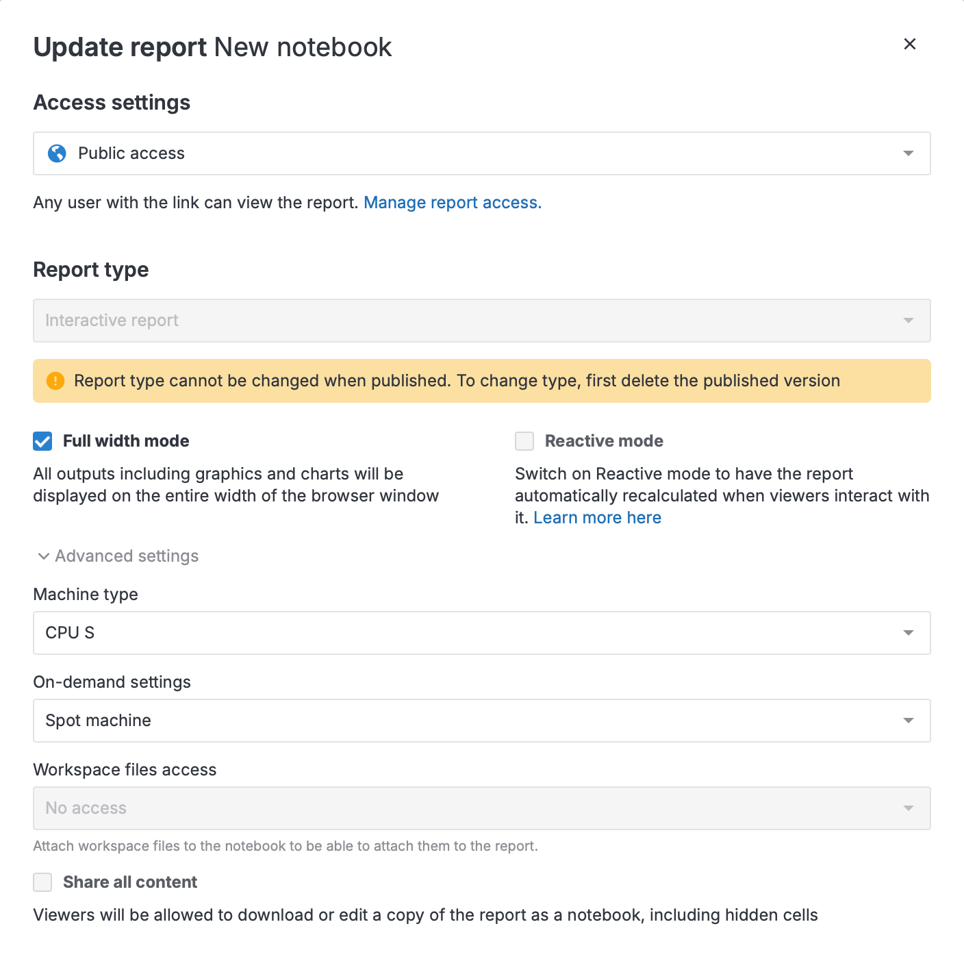 Update report dialog