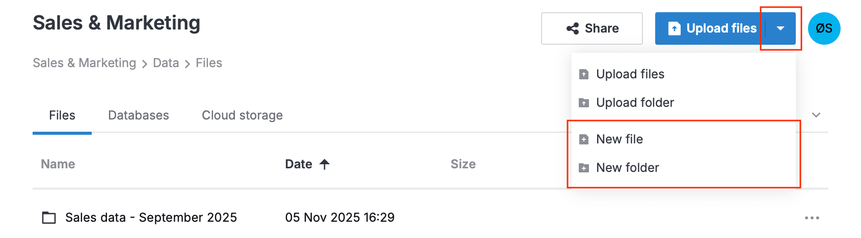 The Files tab with the options dropdown open. The options include New file and New folder