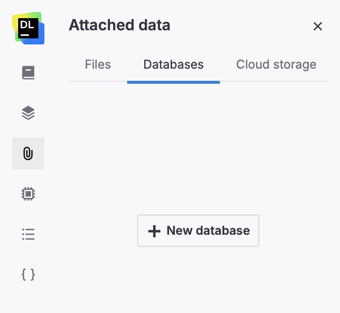The Attached data section in a notebook with the Databases tab open The Attached data section in a notebook with the Databases tab open