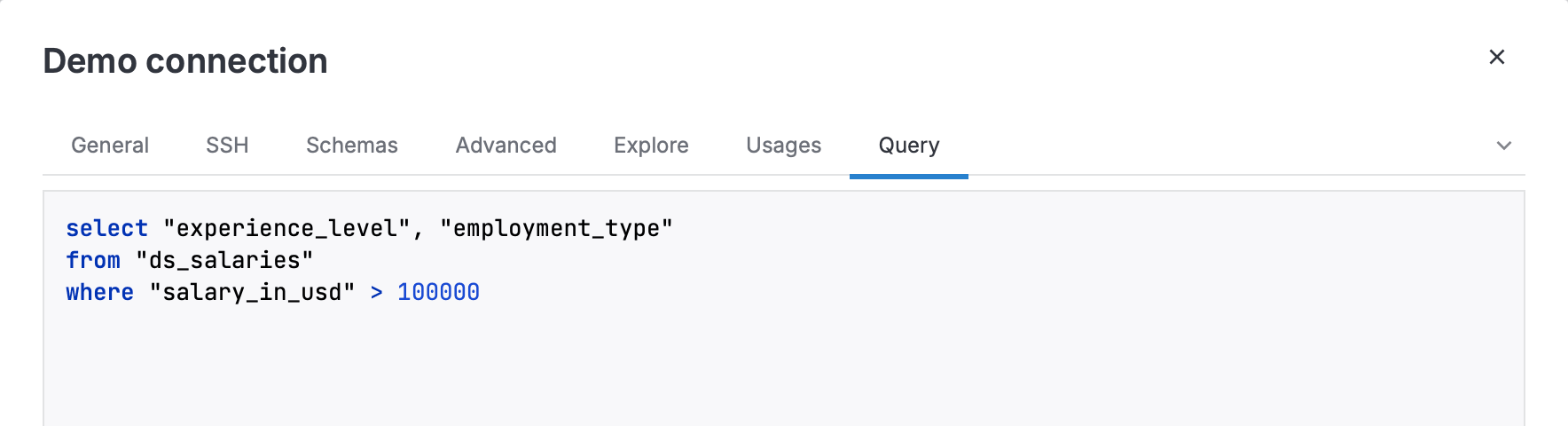 A Database connection dialog with the Query tab opened A Database connection dialog with the Query tab opened