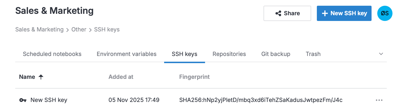 SSH keys tab