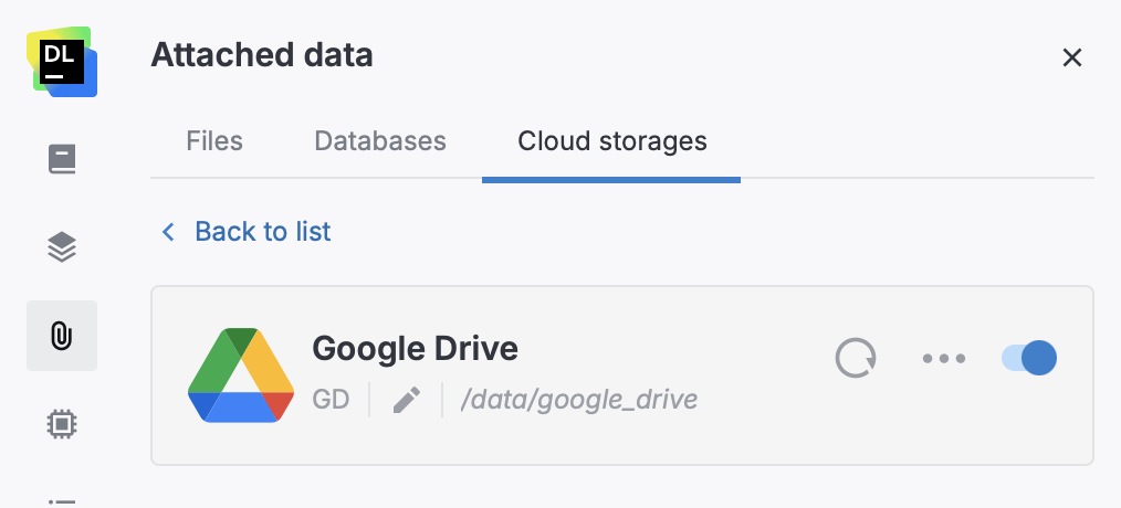 Google Drive connection сard in the Attached data section