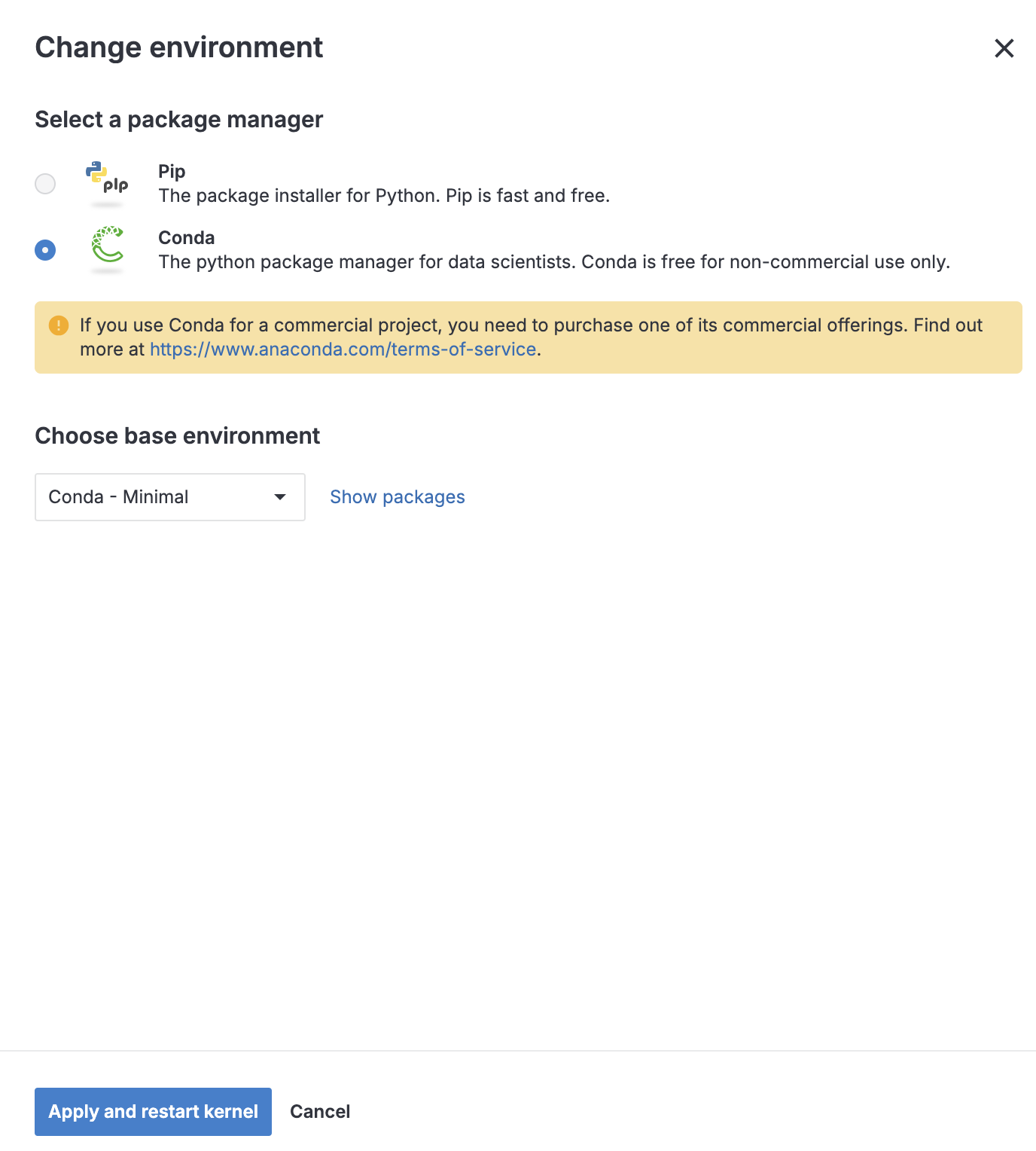 Change environment dialog