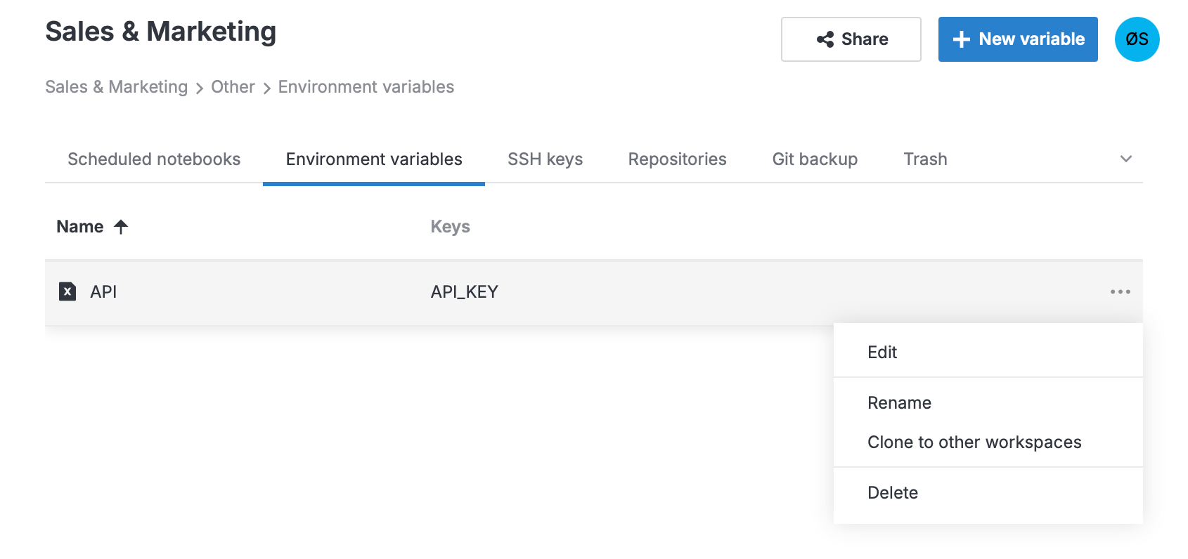 Screenshot of the Environment variables tab