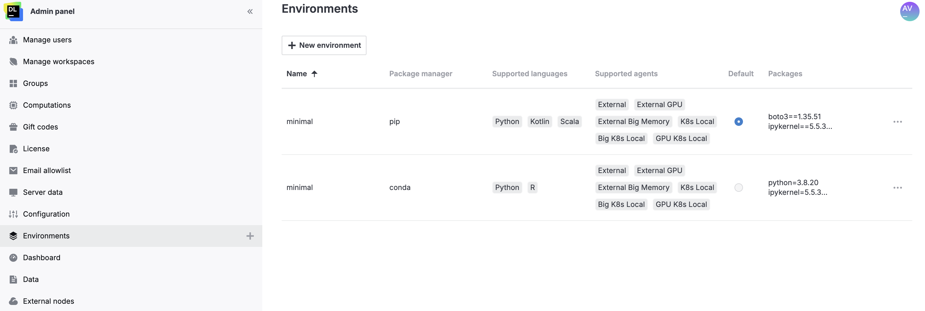 Environments menu Environments menu
