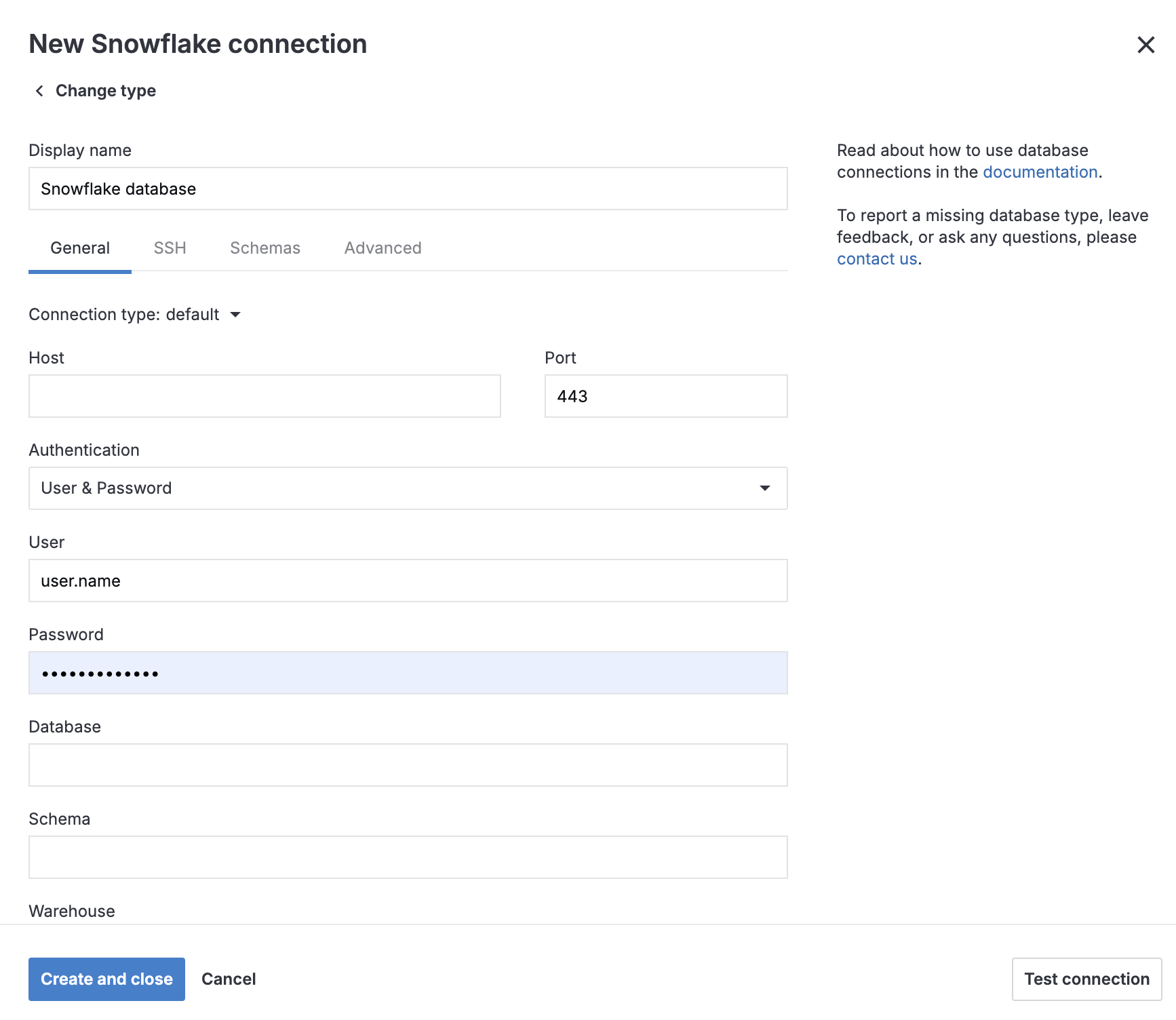 General tab of Database connection dialog General tab of Database connection dialog