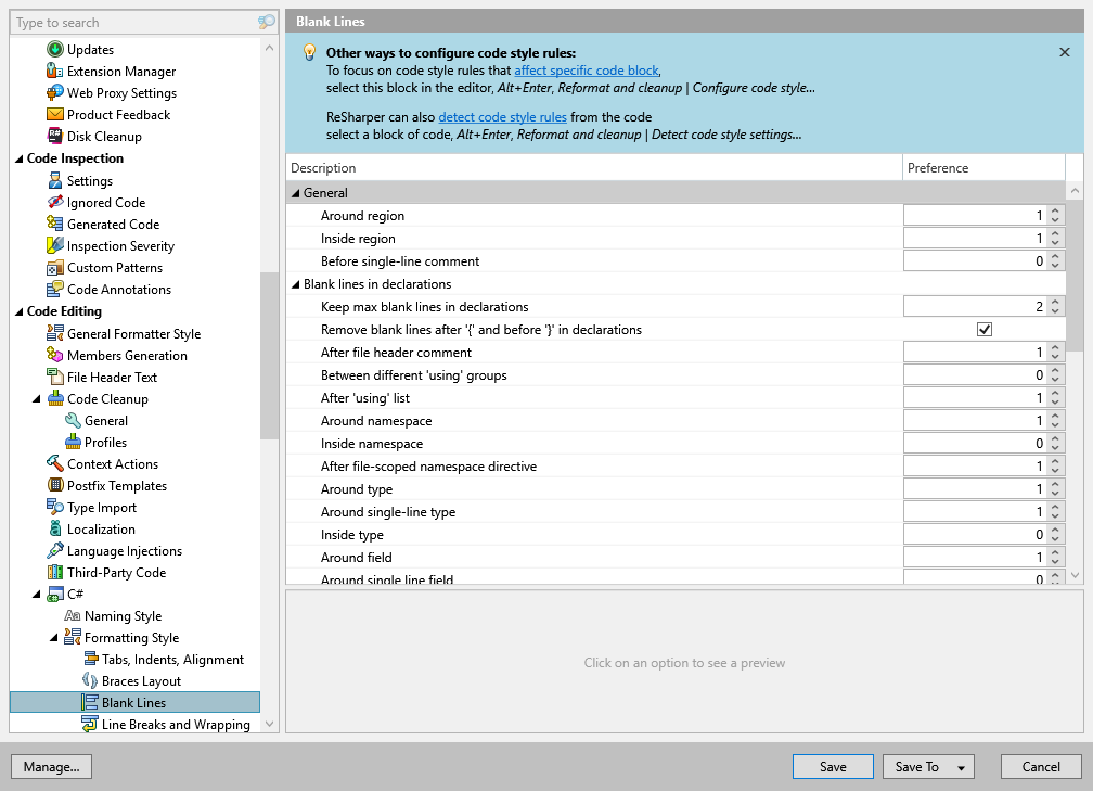 ReSharper options: Code Editing | C# | Formatting Style | Blank Lines