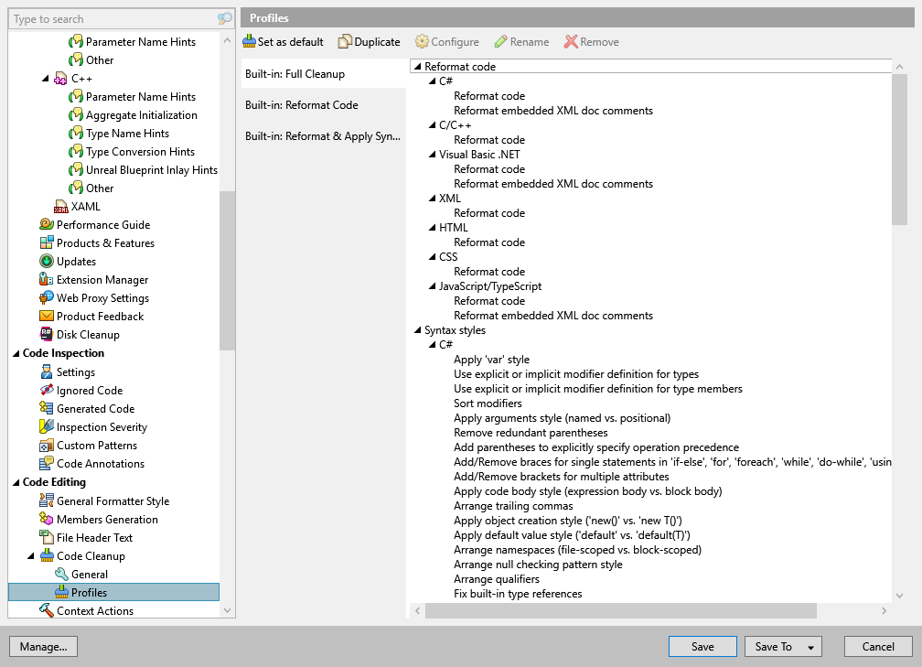 ReSharper options: Code Editing | Code Cleanup | Profiles