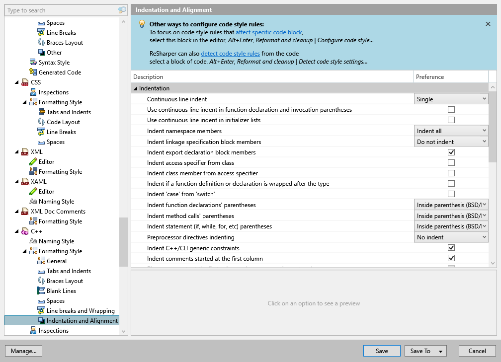 ReSharper options: Code Editing | C++ | Formatting Style | Indentation and Alignment